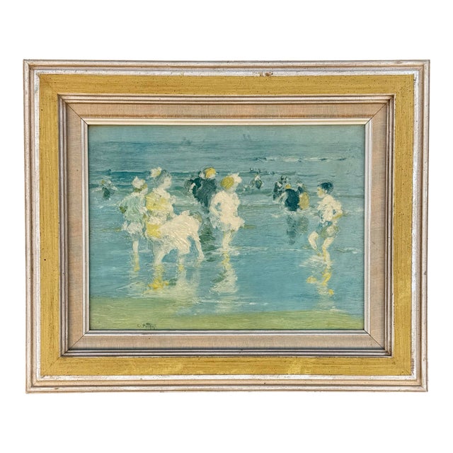 Vintage Edward Henry Potthast “Children on the Beach” Textured Canvas Print, Framed Mid-Century Art For Sale
