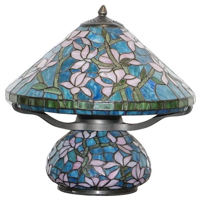 Art Nouveau Floral Lamp in Tiffany Style Stained Glass For Sale - Image 12 of 12