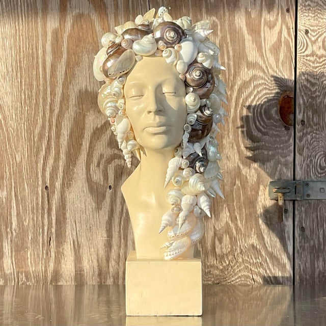 Ecru Vintage Coastal Plaster Shell Bust of Woman For Sale - Image 8 of 11