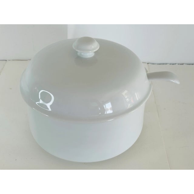 1980s White Ceramic Covered Soup Tureen With Ladle. The tureen is all white ceramic. No marks.