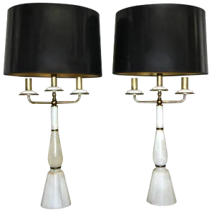 Italian Gio Ponti Style Alabaster Brass Lamps - a Pair