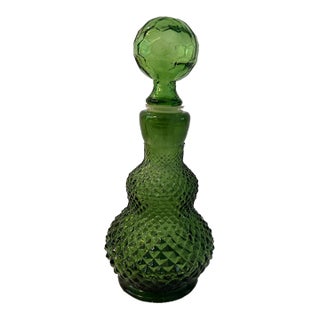 Vintage Diamond Point Green Glass Decanter For Sale
