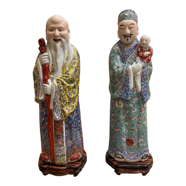 Pair of Antique Chinese Famille Rose Style Figurines For Sale