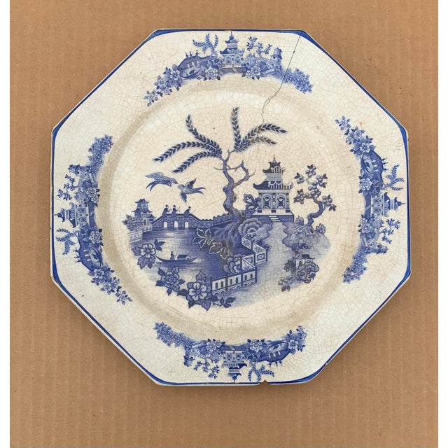 Antique Chinoiserie Blue Willow Octagon Plate Hopewell China For Sale - Image 4 of 4