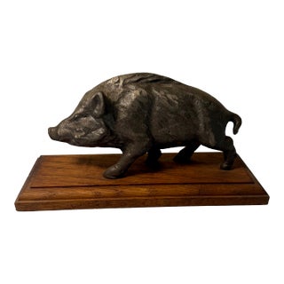 Vintage, French, Bronze, Boar Sculpture, Wood Mounted For Sale