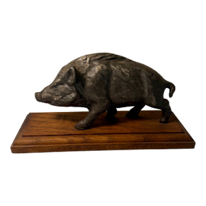 Vintage, French, Bronze, Boar Sculpture, Wood Mounted