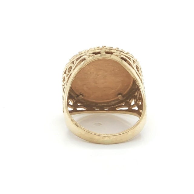 Contemporary Mid 20th Century Liberty $5 Gold Coin Ring 22K Coin 14K Yellow Gold Filigree Frame Size 6.5 For Sale - Image 3 of 4