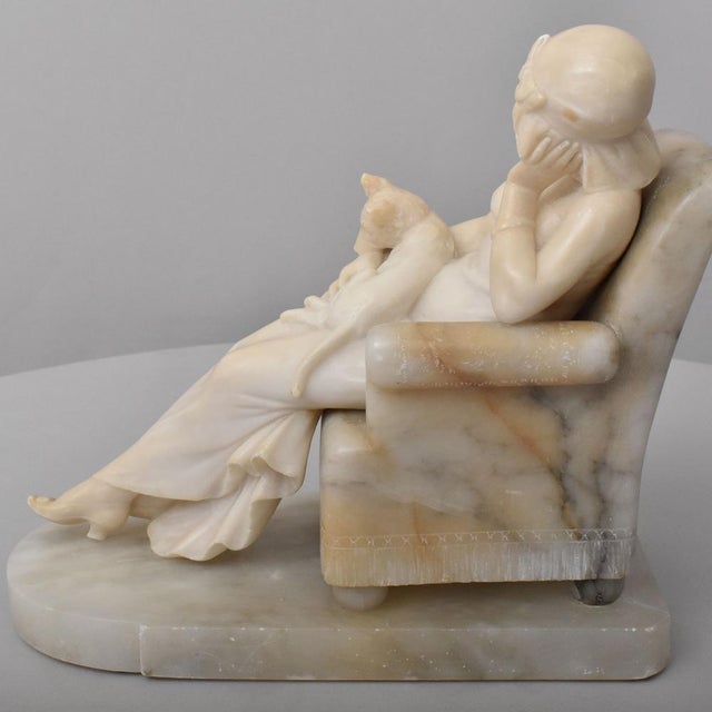 Antique Alabaster Sculptures Young Girl Sculpture with Dog by Giuseppe Gambogi, 1890s For Sale - Image 3 of 12