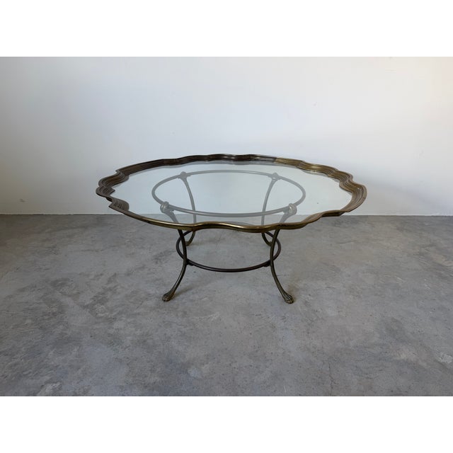 Hollywood Regency Vintage Hollywood Regency Style Scalloped Brass Frame With Glass Top Coffee Table For Sale - Image 3 of 18
