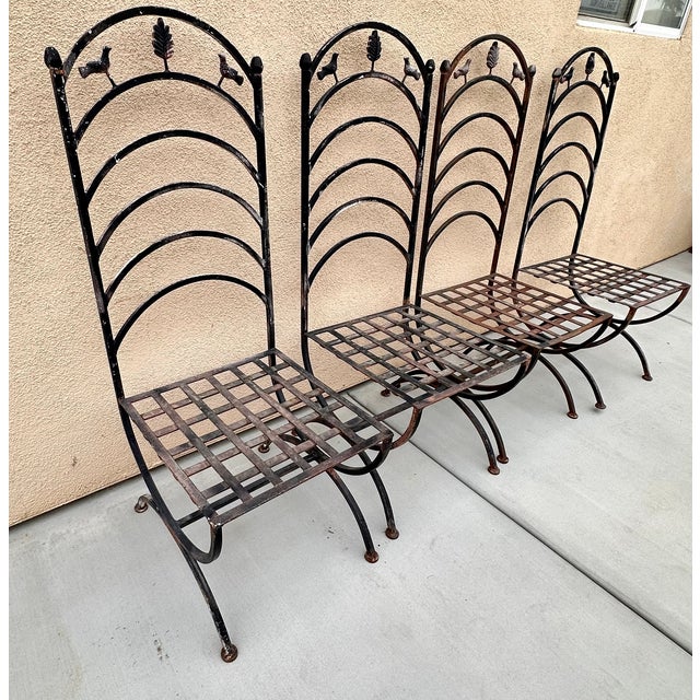 Metal Antique French Provincial Wrought Iron Garden Chairs Two Birds & Leaf Motif 4pc Set For Sale - Image 7 of 7