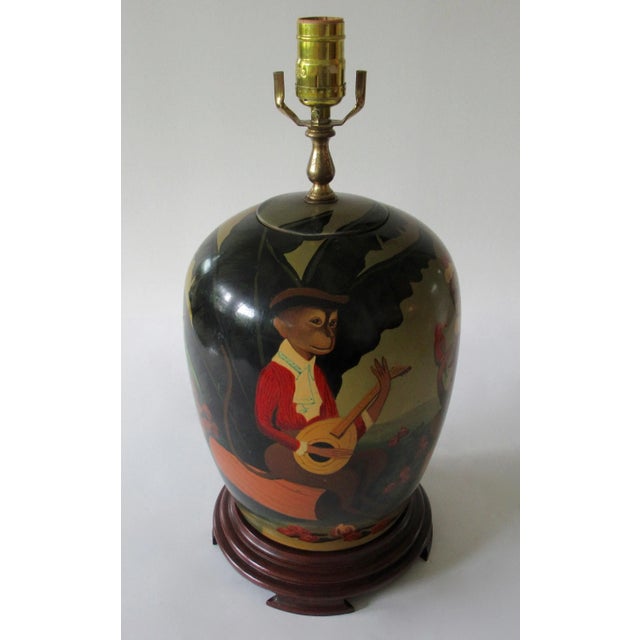 Chinoiserie C .1960's-1970's Asian Chinoiserie-Style William Skilling Attr. Hand-Painted Porcelain Ginger Jar Lamp With Monkey Motif For Sale - Image 3 of 13