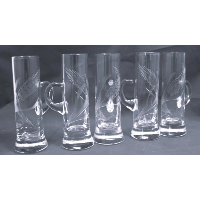 Mid Century Hand Blown Crystal Etched Vodka Cordial Glasses With Applied Handles- Set of 5 For Sale - Image 10 of 12