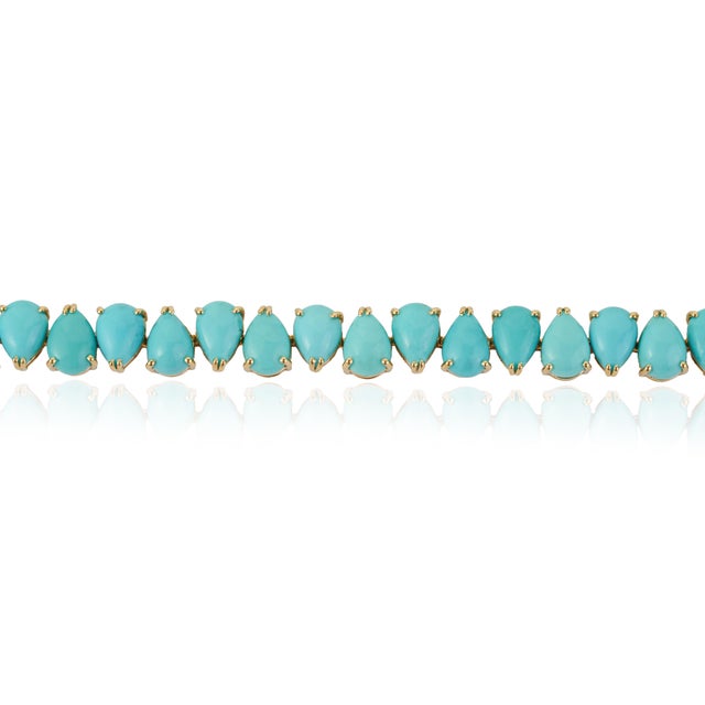 VR Jewels 19.77ct Natural Turquoise Pear-Shaped Cabochon Tennis Bracelet 14k Yellow Gold For Sale - Image 4 of 16