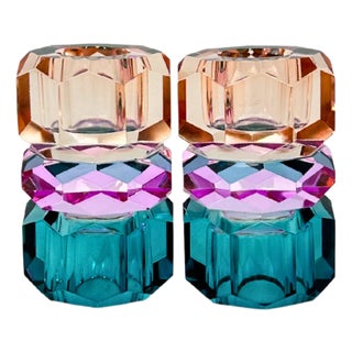 Danish Faceted Crystal Candle Holder Teal, Pink & Peach Pair For Sale
