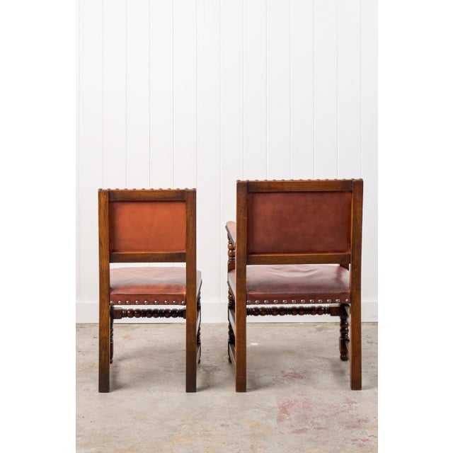 Set of 10 | English Cromwellian Style Oak Bobbin Stretcher Base Dining Chairs With Leather Upholstery (C. 1920) For Sale - Image 10 of 10