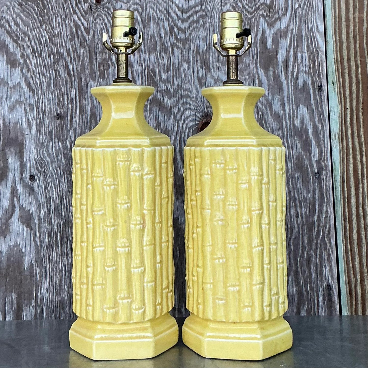 Vintage Coastal Glazed Ceramic Bamboo Lamps - a Pair — additional photo 2