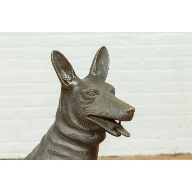 Metal Contemporary Bronze Sculpture Depicting a German Shepherd with Dark Patina For Sale - Image 7 of 12