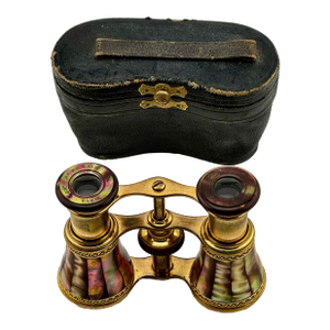 Beautiful 1890s Antique Audemair Paris France Gold Gilt & Genuine Mother of Pearl Opera Glasses With Case