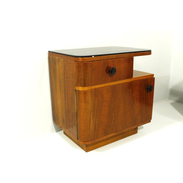 1960s Mid-Century Nightstands with Walnut Veneer and Black Opal Glass Tops, 1960s, Set of 2 For Sale - Image 5 of 17