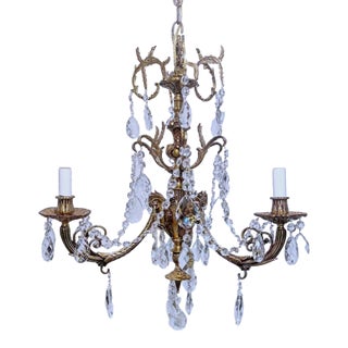 1930s Vintage Brass Chandelier With Crystals For Sale