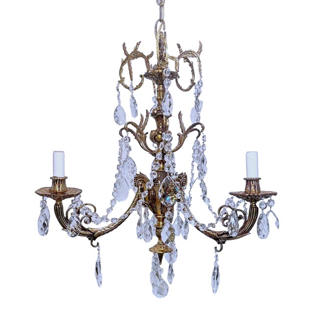 1930s Vintage Brass Chandelier With Crystals For Sale