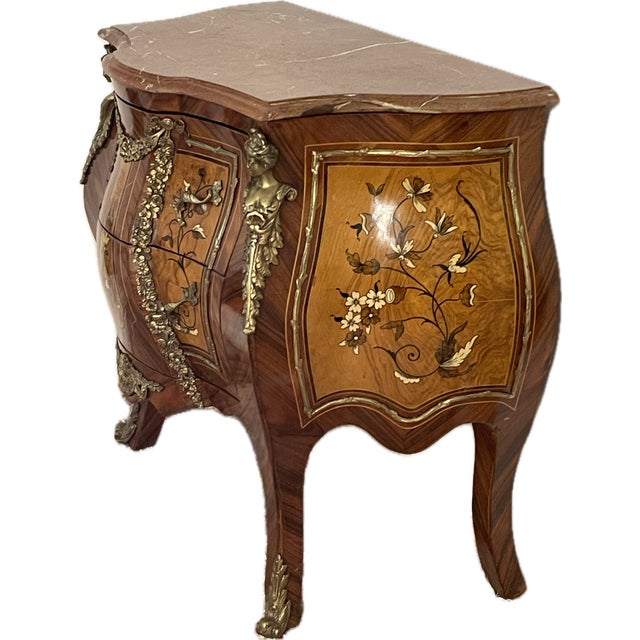 French Style Small Chest. Walnut with Inlay and Bronce's, Marble top. Two drawers. Perfect condition.