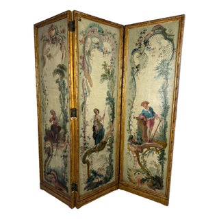 19th Century Antique Rococo Style Hand Painted 3-Panel Screen For Sale