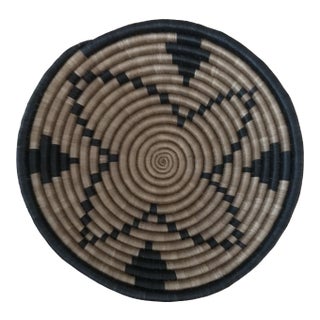 African Hand-Made Round Basket, 14 In. Diameter, Natural and Black For Sale