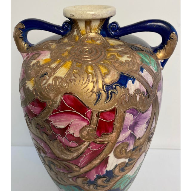 Rose Antique Japanese Satsuma Style Moriage Cobalt Blue Floral Double Handle Vase For Sale - Image 8 of 9