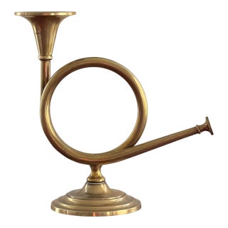 Vintage Mid 20th Century Solid Brass French Horn Candle Holder For Sale