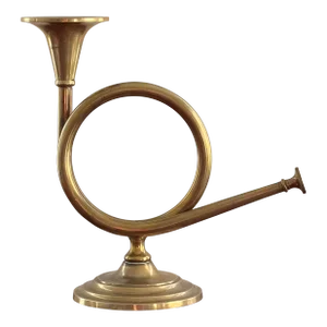 Vintage Mid 20th Century Solid Brass French Horn Candle Holder