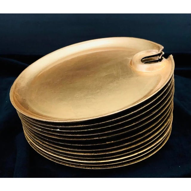 Vintage Hollywood Regency Cocktail Plates With Glass Cup Rest Holder, Gold Leaf Lacquer- Set of 12 Pieces For Sale In Miami - Image 6 of 10