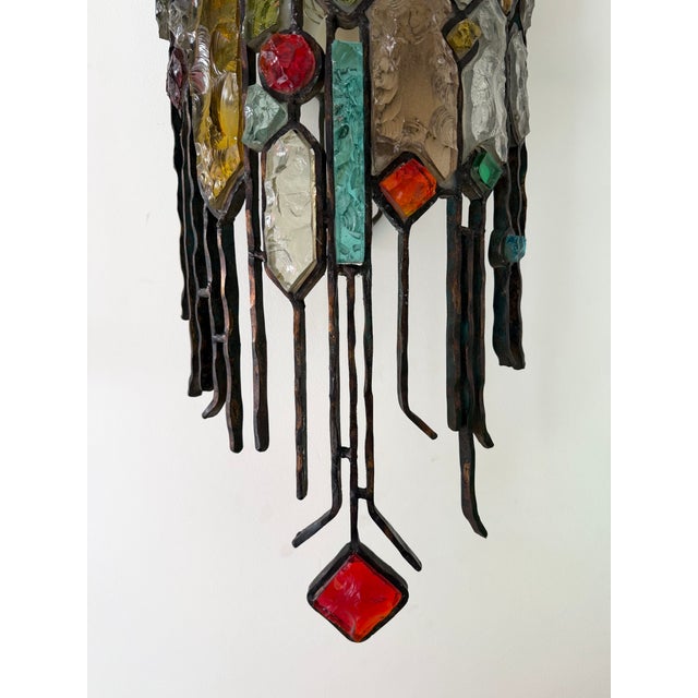 Large Pair of Hammered Glass Wrought Iron Sconces by Longobard, Italy. 1970s For Sale - Image 6 of 15