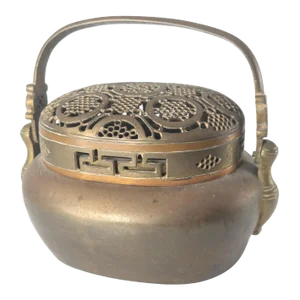 19th Century Chinese Bronze Hand Warmer or Incense Burner With Pierced Cover