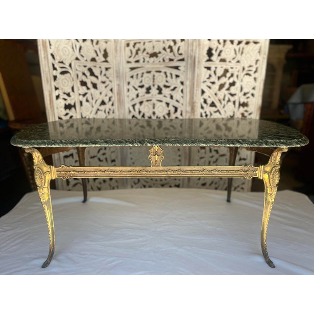 Hollywood Regency 1950s Vintage Green Marble Top Italian Style Coffee Table For Sale - Image 3 of 12