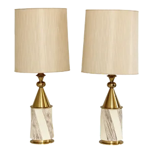 Mid Century Modern Stiffel Tommi Parzinger Style Brass & Pottery Lamps - A Pair