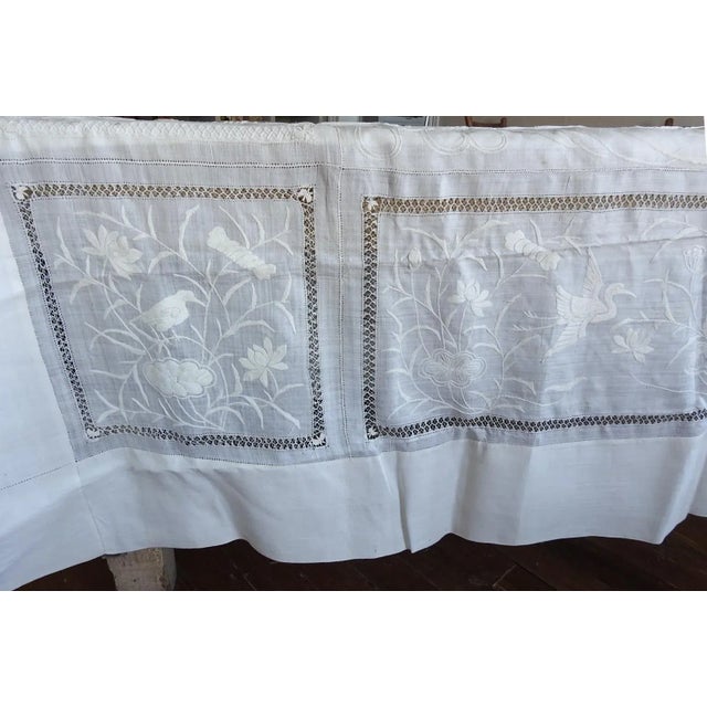 Art Nouveau Antique Hand Embroidered Dragon Birds White Organza Tablecloth For Sale - Image 3 of 12
