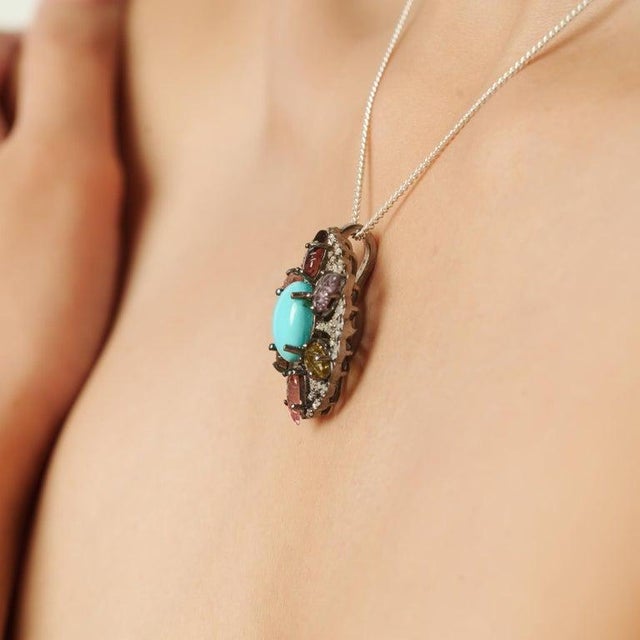 Ornate Turquoise Carved Tourmaline Diamond Statement 925 Silver Pendant For Sale - Image 9 of 12
