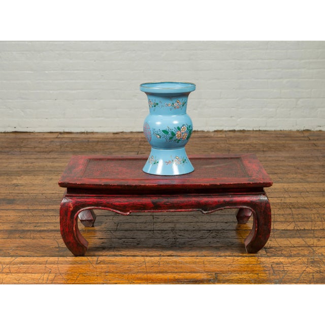 Vintage Chinese Hand Painted Blue Metal Vase with Calligraphy and Floral Décor For Sale - Image 11 of 12