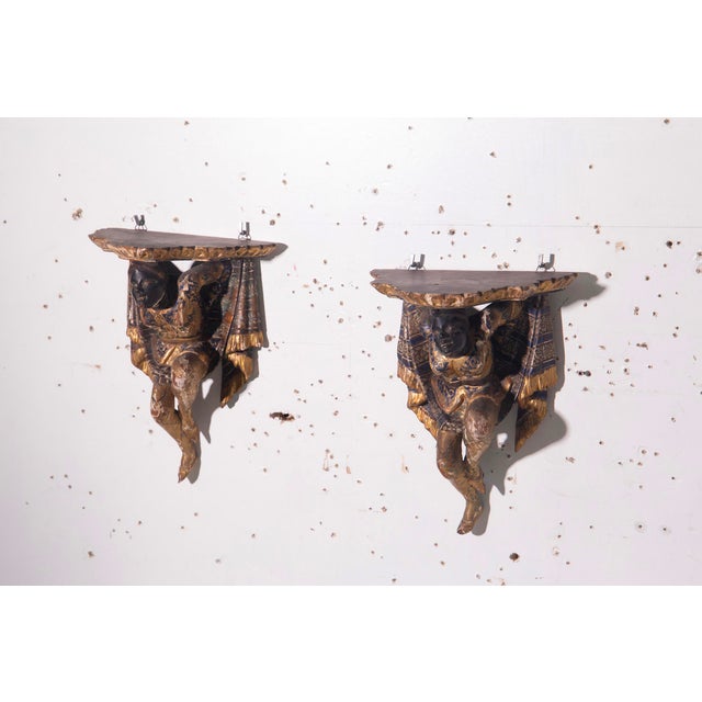 Baroque Antique Italian Venetian Polychrome Wall Consoles, 1800, Set of 2 For Sale - Image 3 of 14