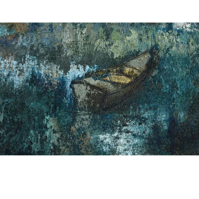 Expressionist Rustic European Blue White and Teal Village Landscape Painting With Boat For Sale - Image 11 of 16