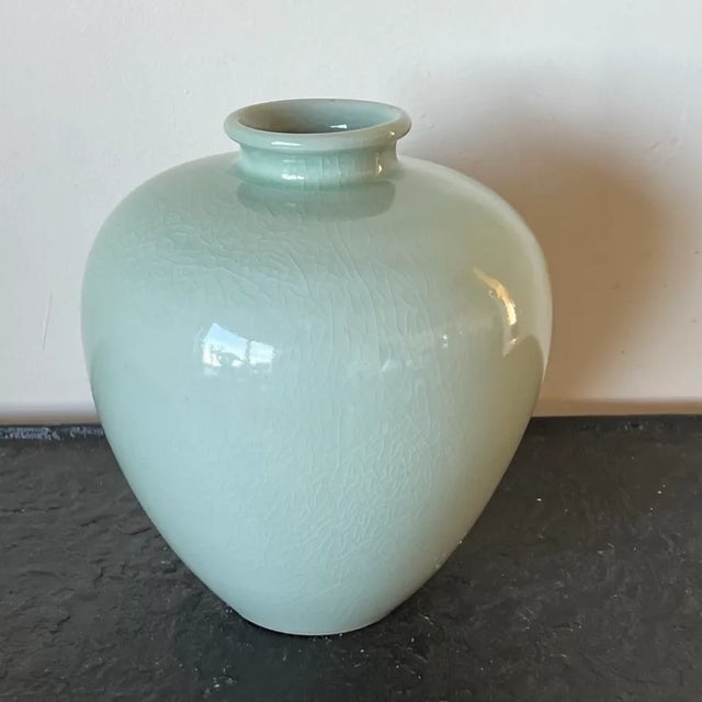 Mid-Century Asian Vase in Celadon Glaze with Crazing, signed Made in Thailand Measures approx: 9H x 8D Please visit my...