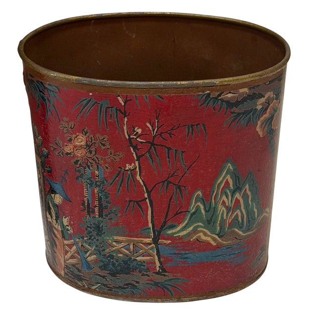 Vintage Red Chinoiserie Paint Decorated Tole Waste Basket.