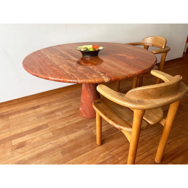 Mid-Century Modern Postmodern Angelo Mangiarotti Travertine Salmon Dining Table w/ Pedestal Base For Sale - Image 3 of 15