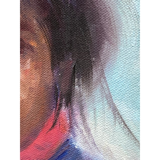 Sky Blue Late 20th Century Oil on Canvas Portrait Painting of a Beautiful Navajo Child, Framed For Sale - Image 8 of 13