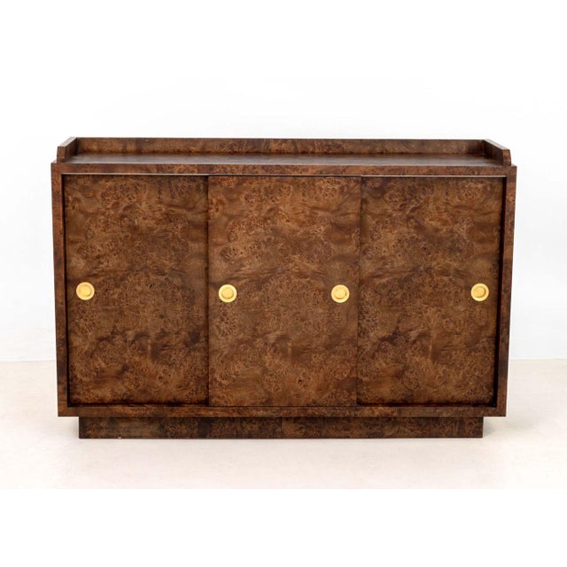Karol Cylwik for Poritz & Studio Burl Wood Credenza, with two sliding doors opening to two shelves, marked to reverse. 29"...