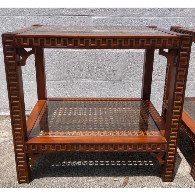 1970s Pair Vintage Mid Century Cane & Glass Side/End Tables For Sale - Image 5 of 18