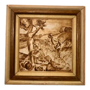 1950's European Italian Brown Grisaille Oil Painting on Masonite Board Signed