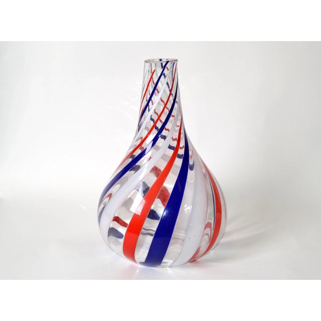 Marked Italian Blown Murano Decorative Vase Swirls of Red, White & Blue Color For Sale - Image 13 of 13