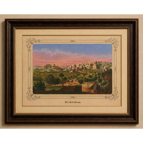 A beautifully hand-colored 19th-century lithographic view of Bethlehem, depicting the historic biblical city in the Holy...